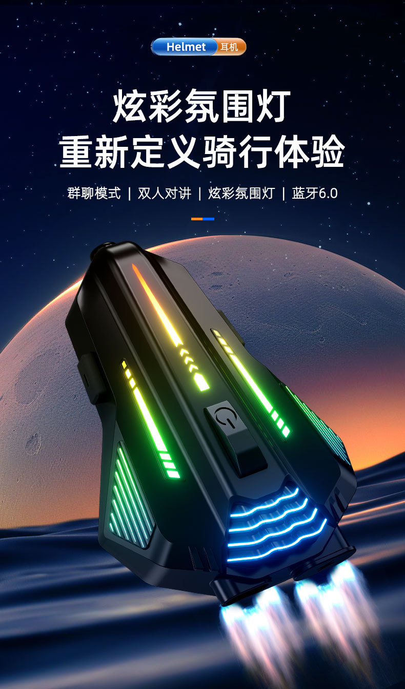 Cool Colorful Rgb Light Effect Motorcycle Helmet Bluetooth Headset 6.0 Group Chat Music Sharing Intercom Helmet Headset