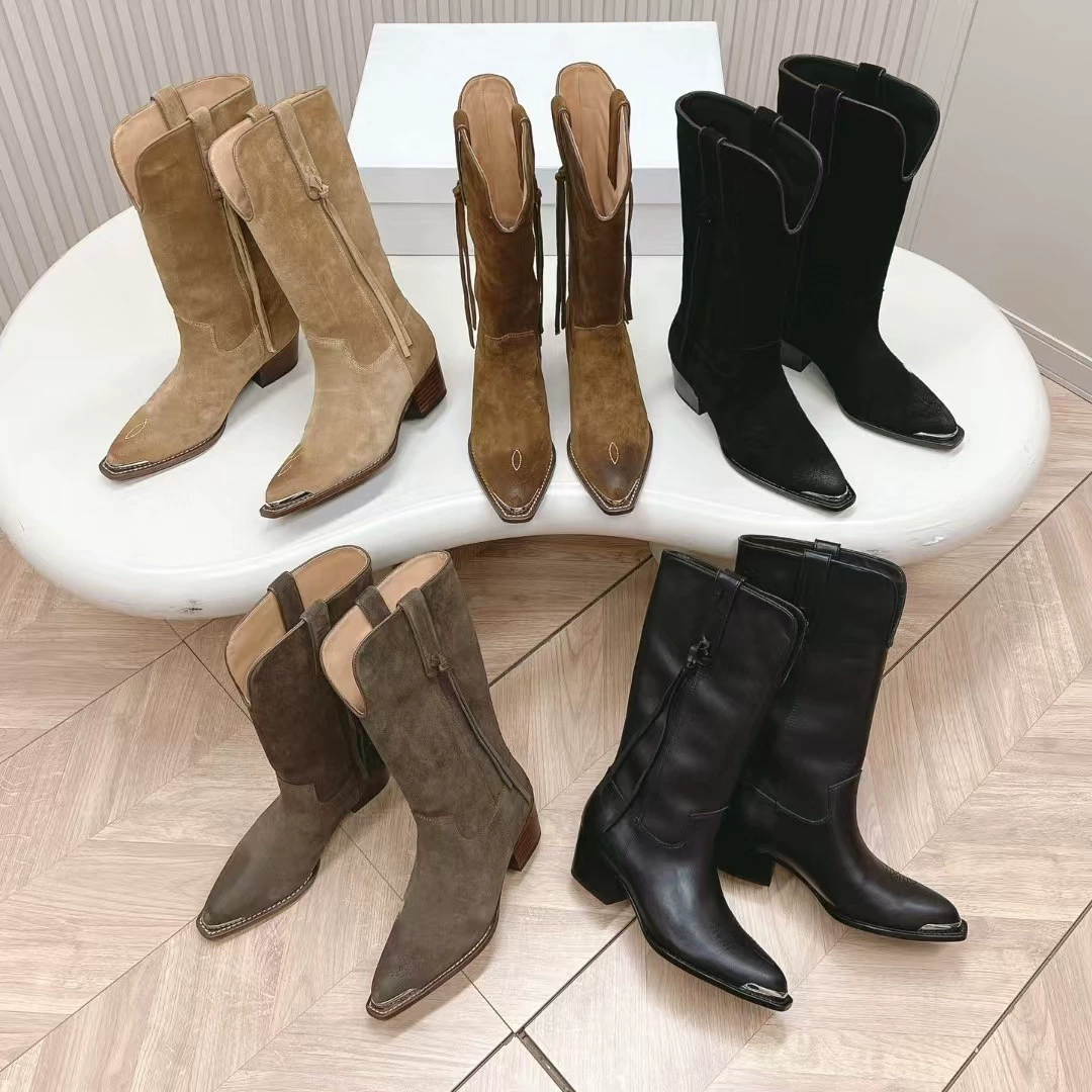 Гао Дин 2024 осень-зима кожаный металлический наконечник с толстыми каблуками и кисточками