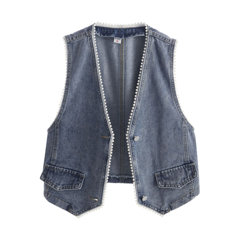 Denim Vest Women's Short 2024 Spring New Korean Style Heavy Industry Beaded Sleeveless Jacket All-match Slim-fit Top Trendy