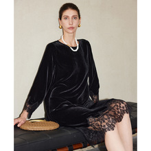 真丝丝绒连衣裙女2025秋冬新款内搭外穿高级感蕾丝拼接桑蚕丝裙子