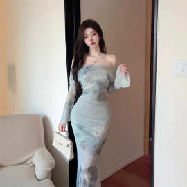 新中式水墨画一字肩长袖网纱连衣裙女早秋性感纯欲包臀鱼尾礼服裙