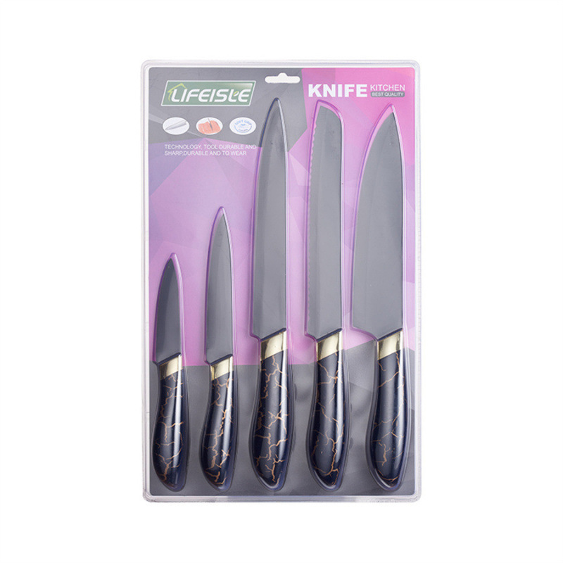 Kit de cuchillos de cocina 5 piezas de acero inoxidable mármol con cabeza galvanizada fábrica de embalaje de tarjetas de succión spot Yangjiang