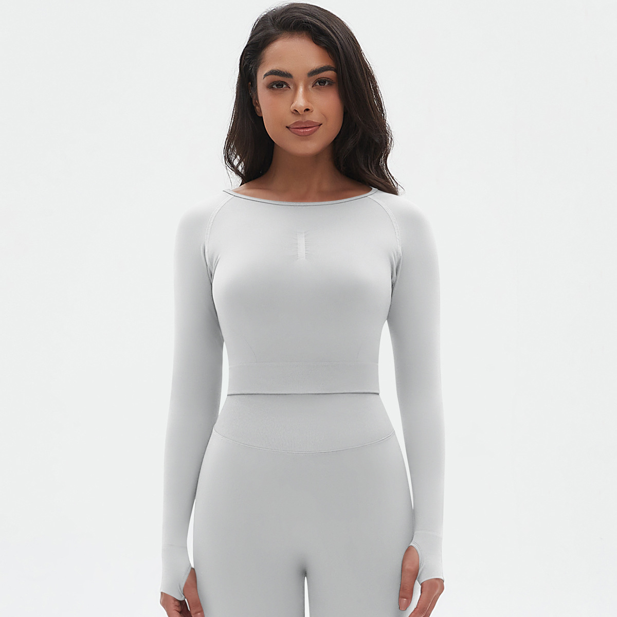 Cross-border Europa y Estados Unidos sin costuras de punto de color sólido ajustado alto elástico ropa de yoga deportiva de manga larga para correr y ejercer yoga tops mujeres image 10