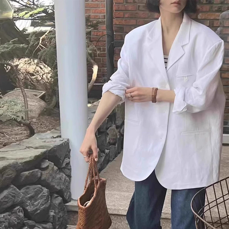 Летний новый корейский стиль 2025: свободный повседневный тонкий хлопковый и льняной блейзер, модный женский костюм для интернет-знаменитостей
