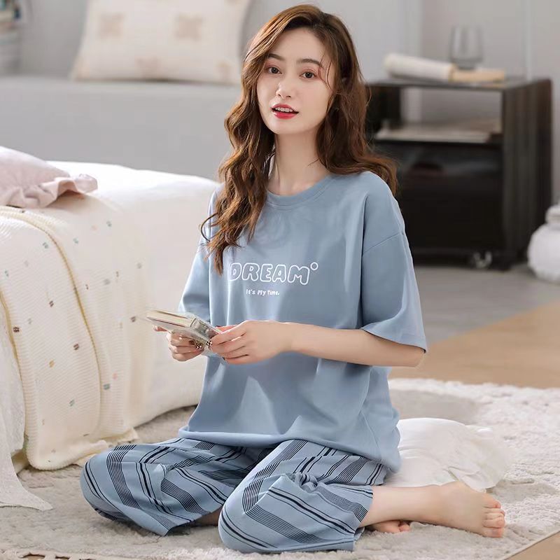 Women's Summer Pajamas 2026 Short-Sleeved Cropped Pants Thin Plus Size Casual Can Be Worn Outside Women's Loungewear Set