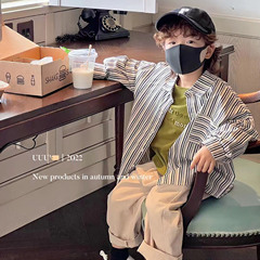 男孩兒童裝2023年春季韓版時尚條紋潮炸街寶寶上衣寶襯衫學生女寶