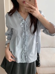 百搭chic秋季温柔减龄时尚木耳花边V领蝴蝶结长袖别致衬衫上衣女