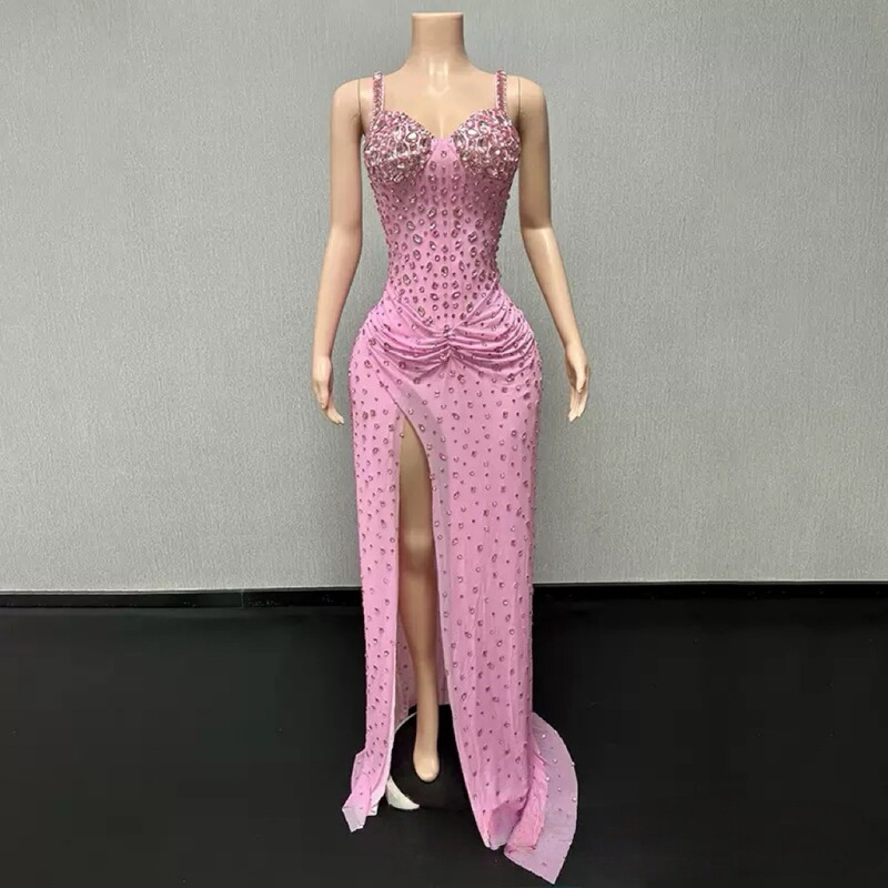 Cross-Border Independent Station Luxury Rhinestone Sexy Low-Cut Slit Suspender Dress Long Skirt European and American Party Performance Performance