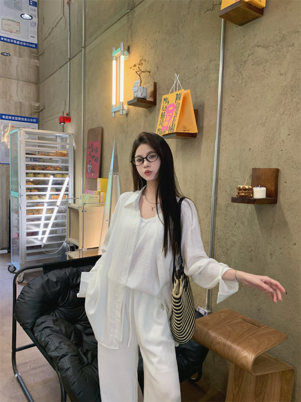棉麻运动套装女秋季老钱风宽松防晒白色衬衫时尚高腰阔腿裤两件套|undefined