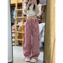大码胖mm美式红白色格子休闲裤女夏季新款设计感宽松直筒阔腿裤子