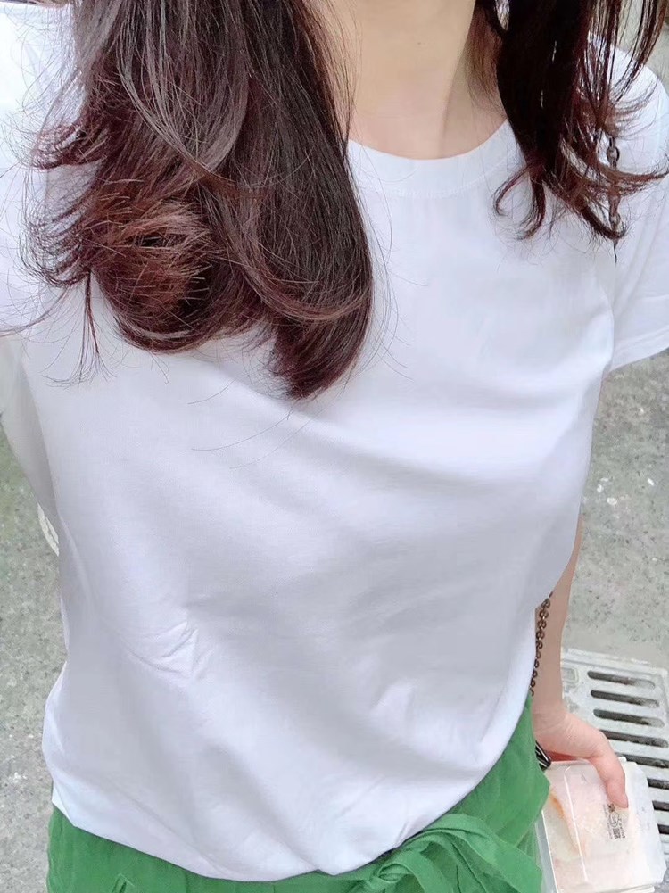 Áo thun nữ ngắn tay cổ chữ V cơ bản dễ phối tôn dáng kiểu mới mùa xuân hè — Trắng (Cổ tròn) chi tiết 11