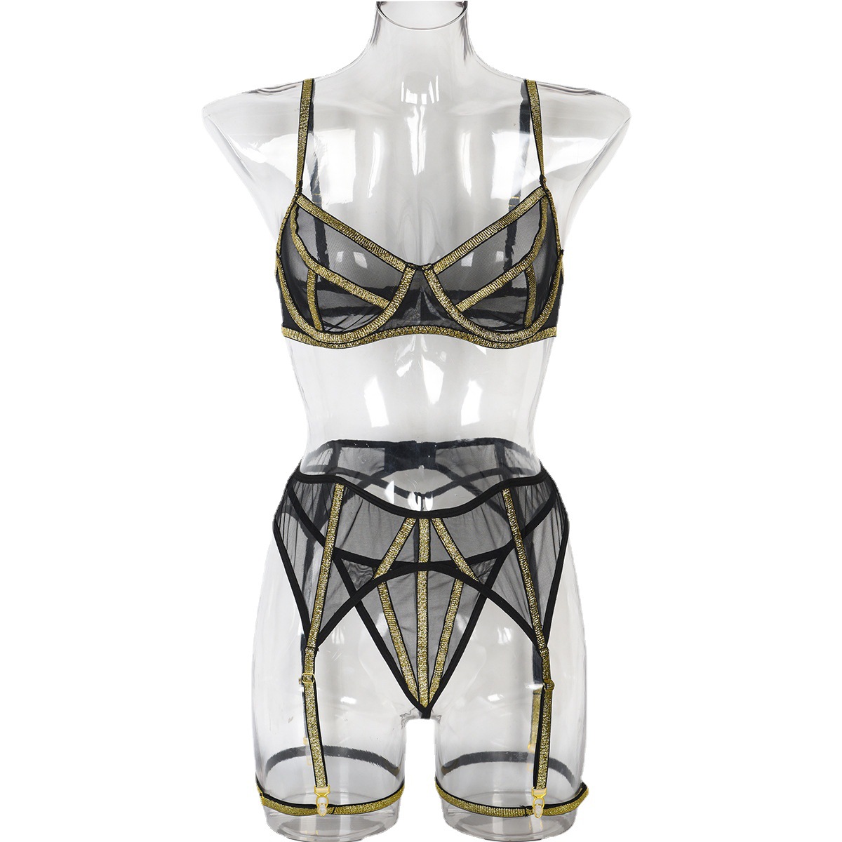 Lencería europea y americana lencería sexy de tres piezas de seda de oro hermosa línea malla costura chica sexy ropa 3343