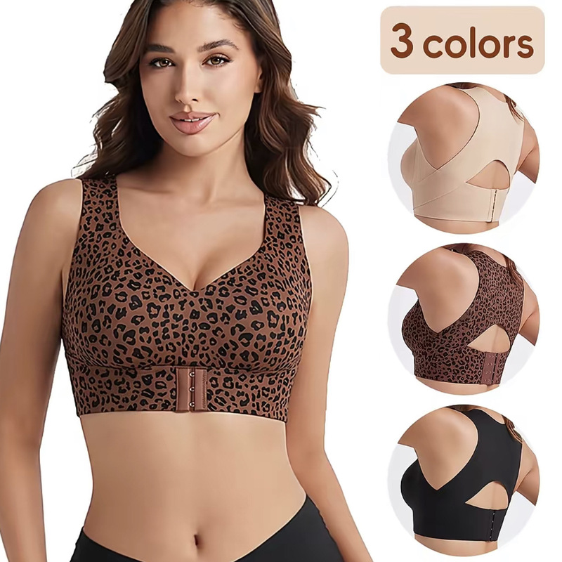 tk cross-border leopard print front-closure bra, wire-free, with a design that enhances the back, corrects posture, features wide shoulder straps, and offers high elasticity for sports activities; a thin, lightweight style for women