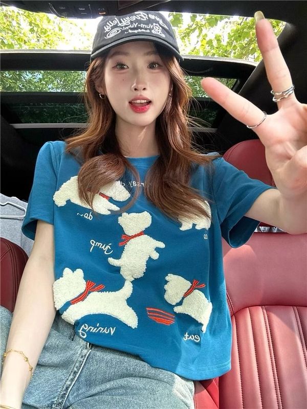 正肩短袖T恤女2025新款夏季美式复古减龄设计感毛巾绣小狗上衣女|undefined