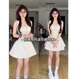 【后背穿绳设计】韩系方口领波点吊带连衣裙女收腰显瘦气质蓬蓬短