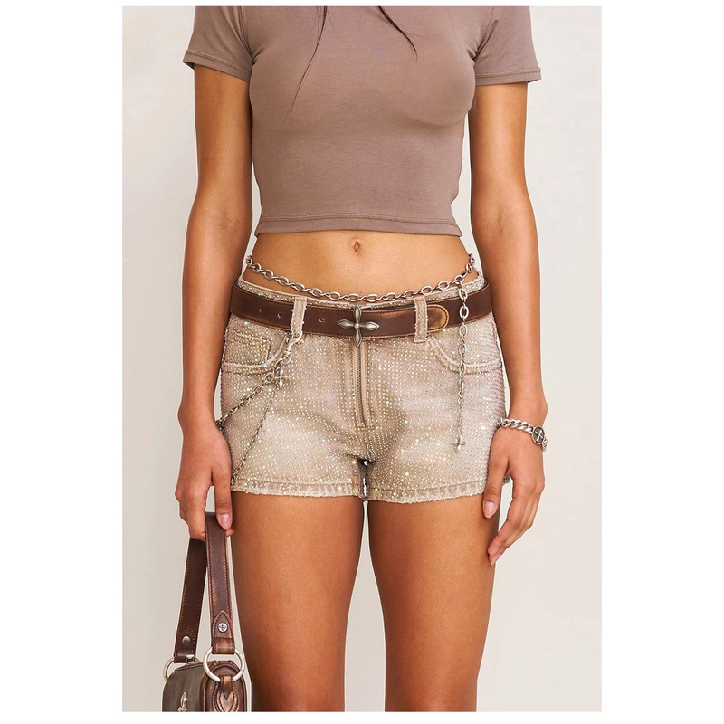 Sk Wilderness Diamond Low Waist Denim Shorts (Handmade) Heavy Industry Color Diamond Straight-Leg Hot Pants New Style 25