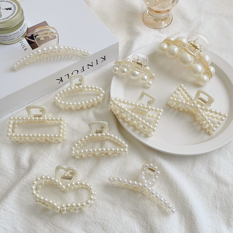 Pinza para el cabello con plato de perlas de invierno coreano para mujer, gran cantidad de cabello, clip para el cabello de tiburón, elegante temperamento, pinza para el cabello, tocado