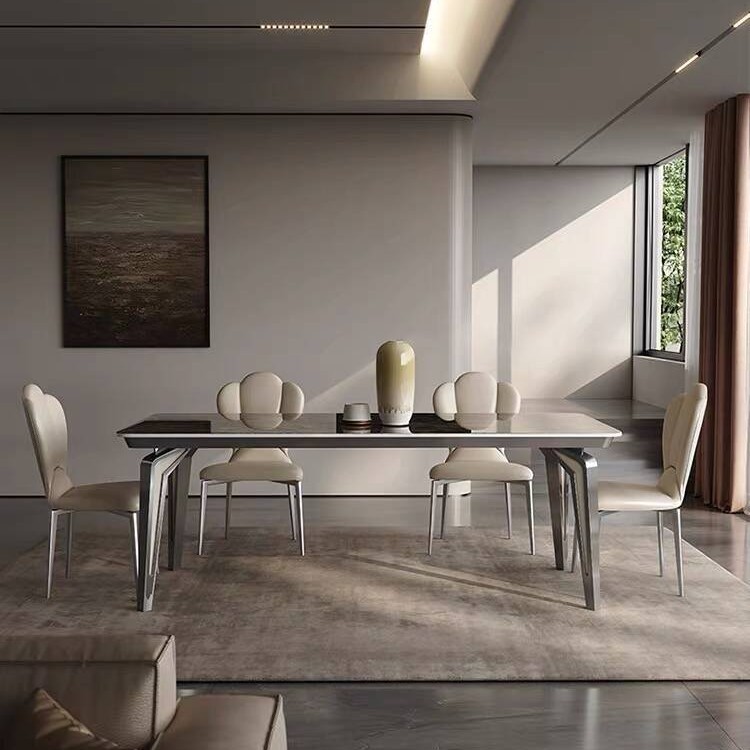 Stainless Steel Slate Dining Table, Minimalist, Simple, Light Luxury, High-End, Small Apartment, White Dining Table