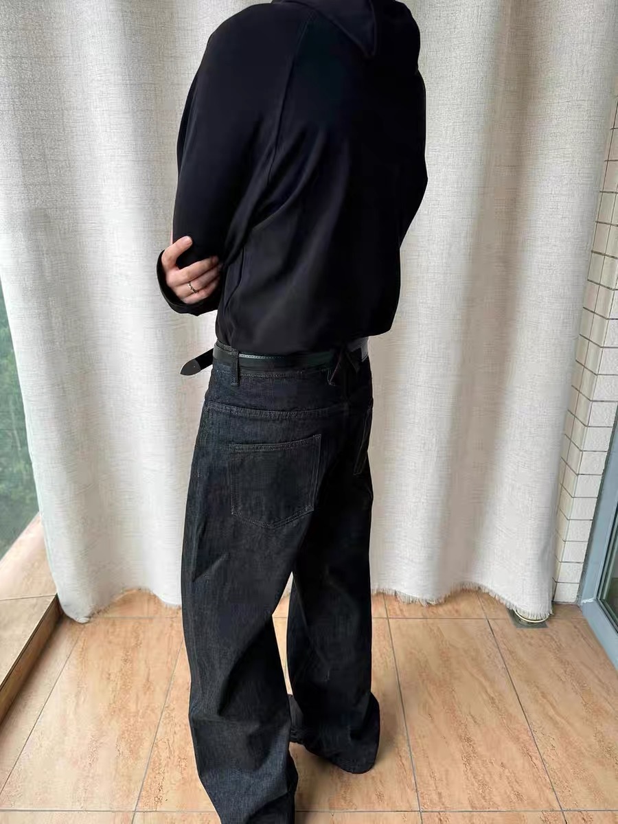 Vaqueros de mezclilla cruda de alta calidad, negros, con dobladillo rojo, corte estrecho, pierna recta, ligeramente acampanados, de corte ancho en A, resistentes y lavados.