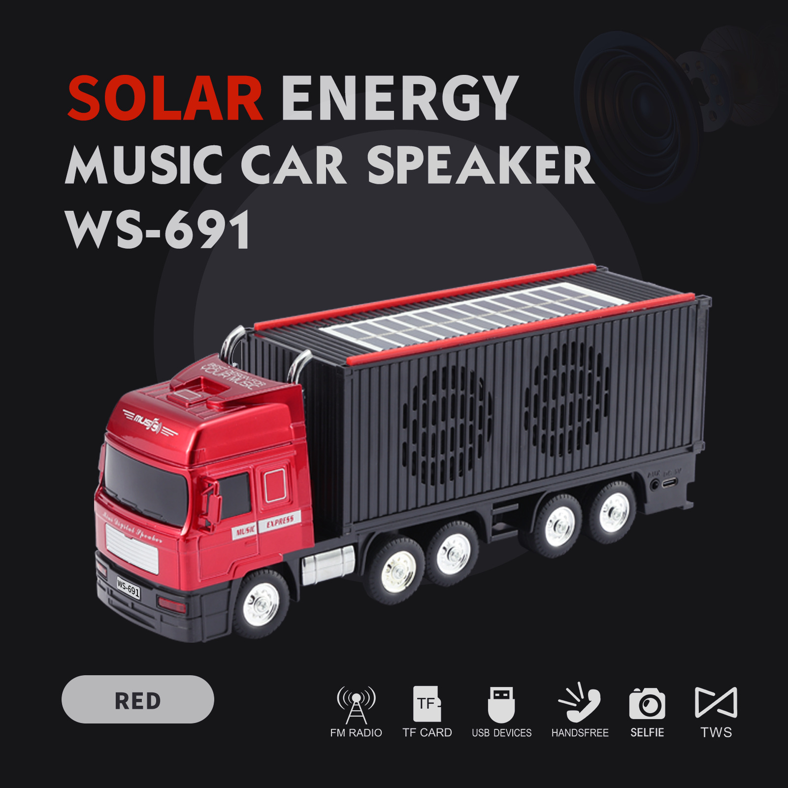 alta calidad de sonido al aire libre carga solar bluetooth sonido modelo de camión de contenedor subwoofer FM radio TF tarjeta de inserción