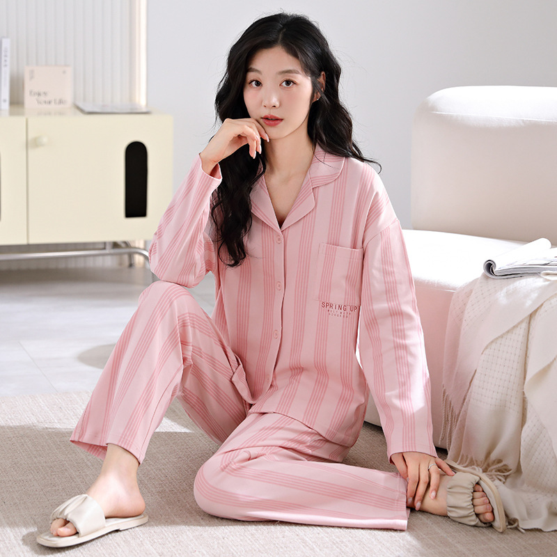 100 파자마 여성의 봄과 가을 면화 긴 소매 카디건 캐주얼 루스 플러스 비료 플러스 사이즈 면 홈 의류 봄과 여름 세트