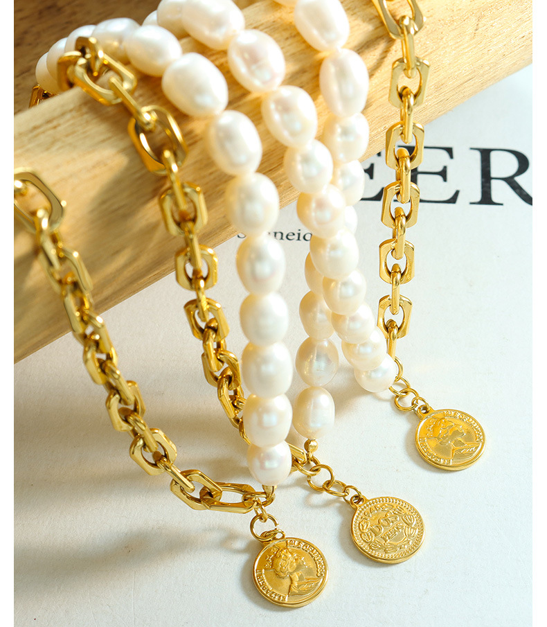 Baroque Style Portrait Round Pearl Titanium Steel Necklace 1 Piece