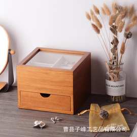 木质方形首饰箱翻盖透明耳环耳钉饰品收藏盒带抽屉珠宝实木饰品盒