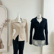 纸片人卫衣斜门襟拉链翻领上衣掐腰显瘦内搭秋