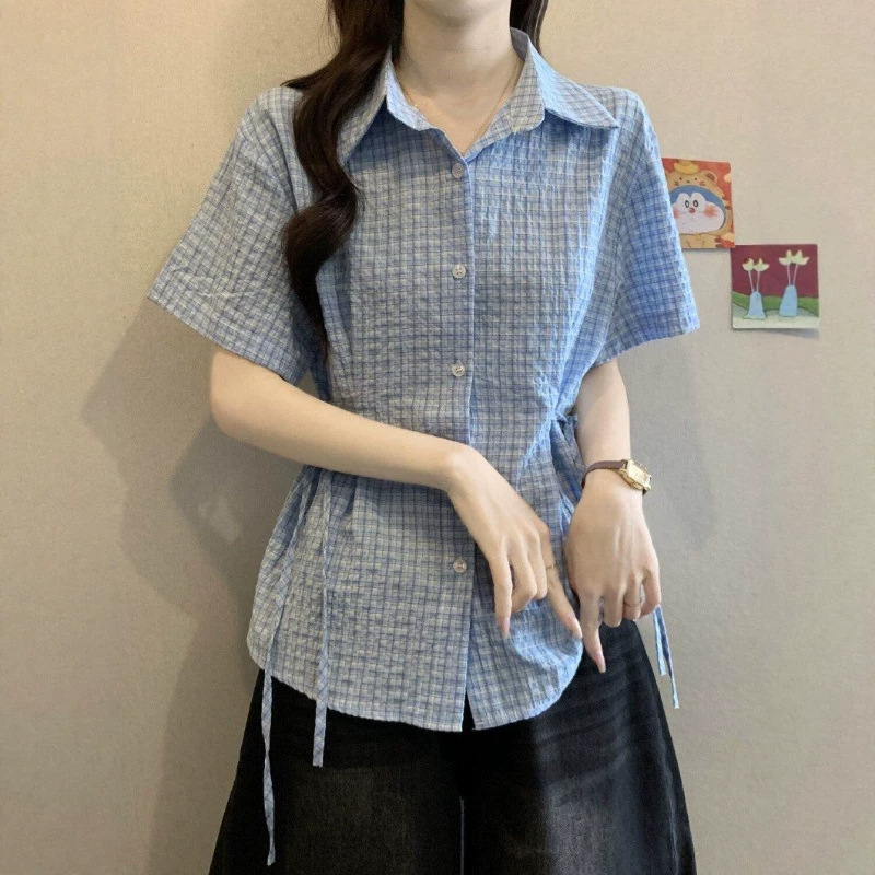 Salt-Style Plaid Short-Sleeve Shirt for Women, 2026 Spring/Summer New Korean-Style Elegant Tie-Waist Top for Women Salt-Style Plaid Short-Sleeve Shirt for Women, 2026 Spring/Summer New Korean-Style Elegant Tie-Waist Top for Women