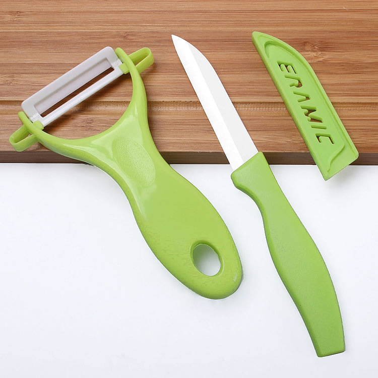 Juego de cuchillos de tres piezas con funda, cuchillo de cerámica, cuchillo de cerámica para frutas, pelador de melón, juego de dos piezas de cuchillos de cerámica