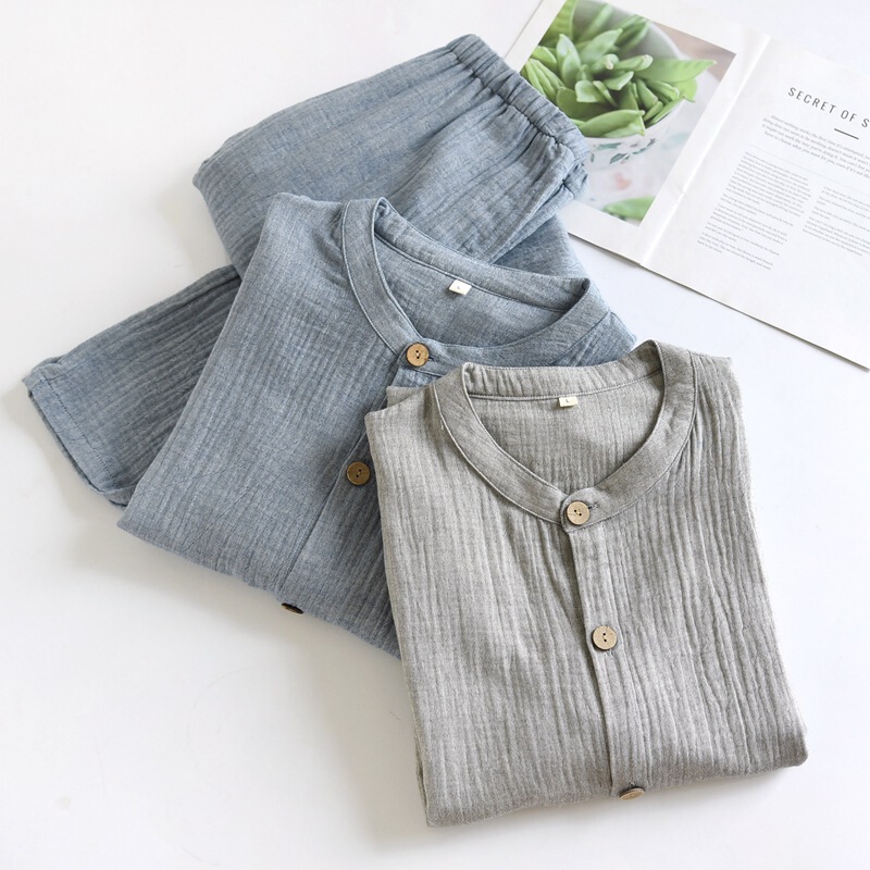 Muji Cotton and Linen Men's Pajamas Spring and Autum Long-Sleeved Pants Simple Pure Color Plus Size Middle-Aged and Elderly Home Wear Set