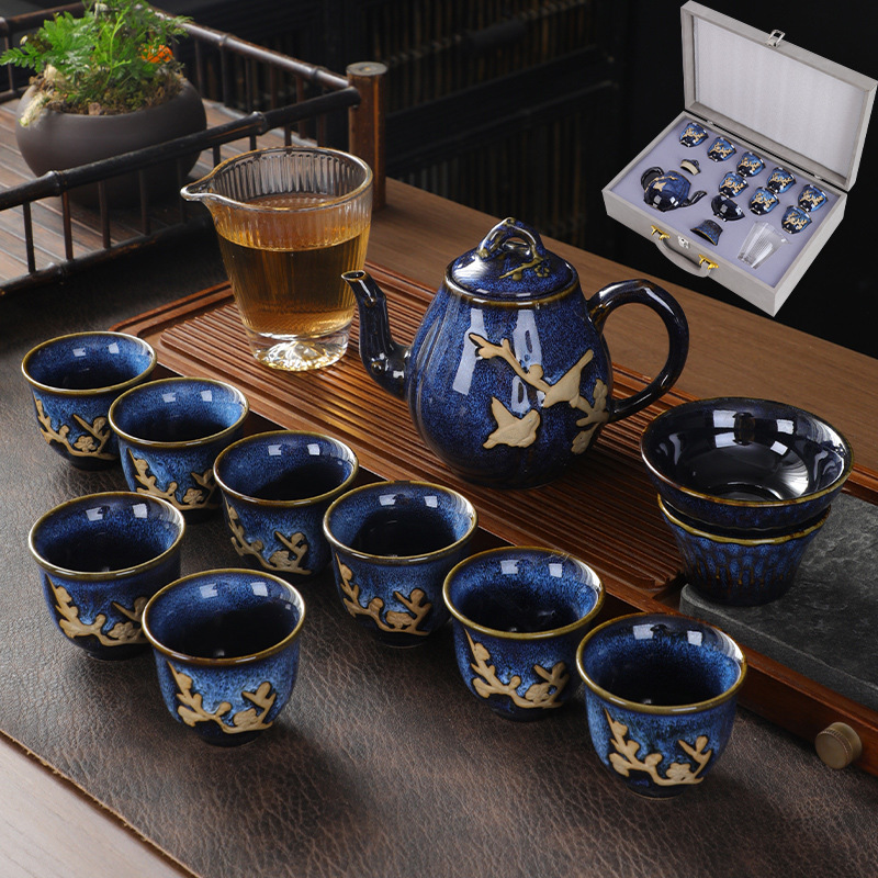 窯變浮雕茶具套裝功夫茶壺玻璃茶海茶杯商務活動禮品送領導長輩