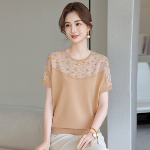 Summer Mother Fashion Round Neck Knitted Sweater for Middle-aged and Elderly Women's Slimming Thin Ice Silk Short-sleeved Top Belly Covering T-shirt