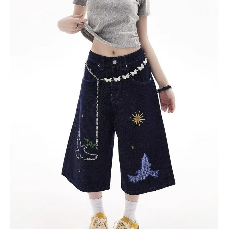 楽しい刺繍デザインのジーンズ、女性用クロップドパンツ、アメリカンハイストリートルーズワイドレッグパンツ、カジュアルな個性のミッドパンツ|undefined