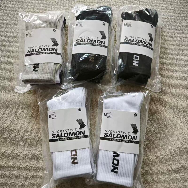 Four Seasons Salomon Sports Socks for Men and Women, Mid-Calf Cotton Socks, Sweat-Absorbent and Breathable, Black, White, and Gray Lettered Trendy Socks, Three Pairs