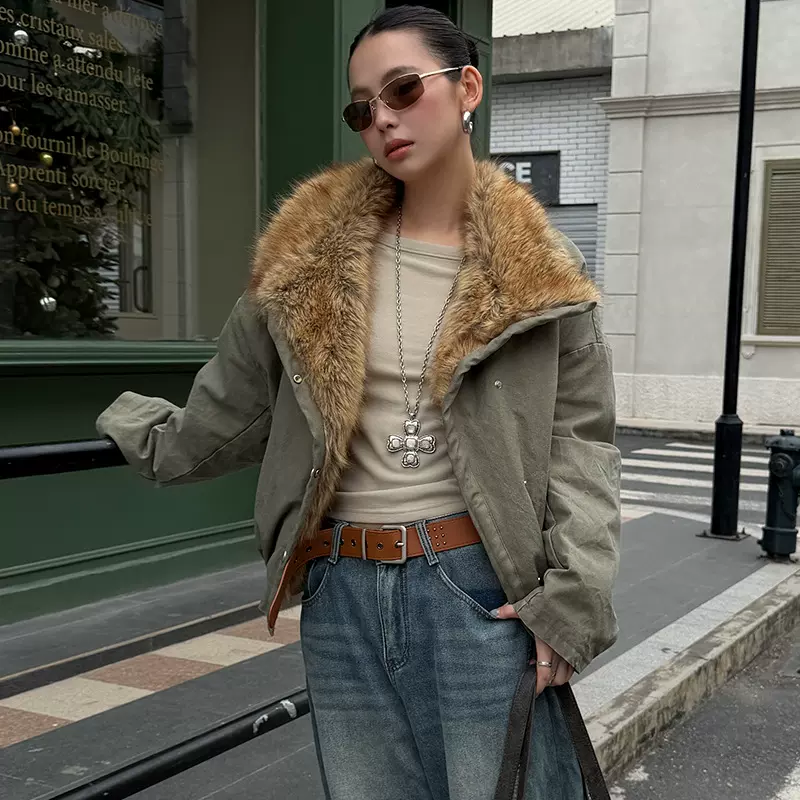 MMFISH时髦街头复古毛毛大翻领加厚洗水外套25Y595（不可拆卸毛领