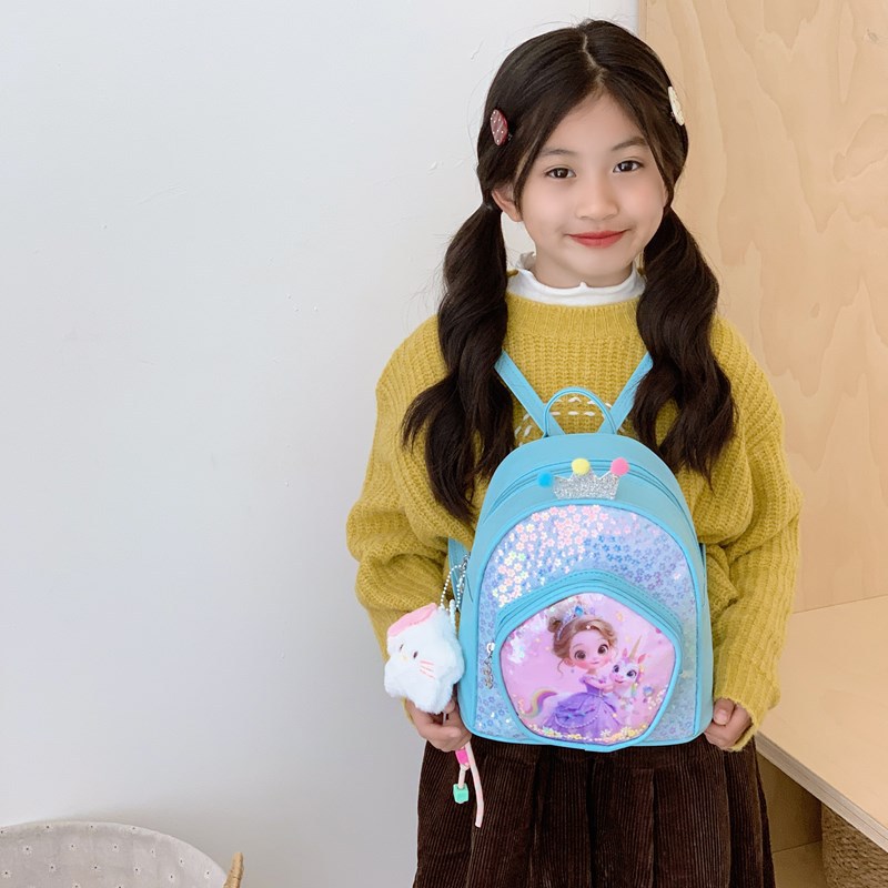 Nueva mochila infantil de dibujos animados de moda sequinilla viaje bebé mochila princesa con colgante mochila de moda