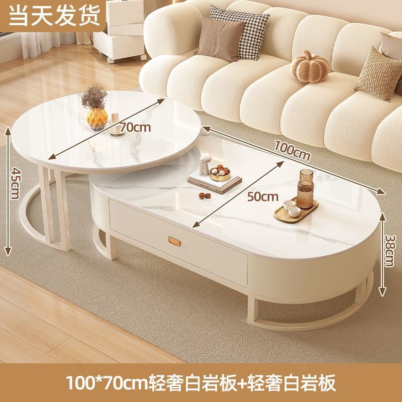 커피 테이블 [화이트 프레임과 화이트 캐비닛] 라이트 럭셔리 화이트 + 70 라이트 럭셔리 화이트 라운드 테이블