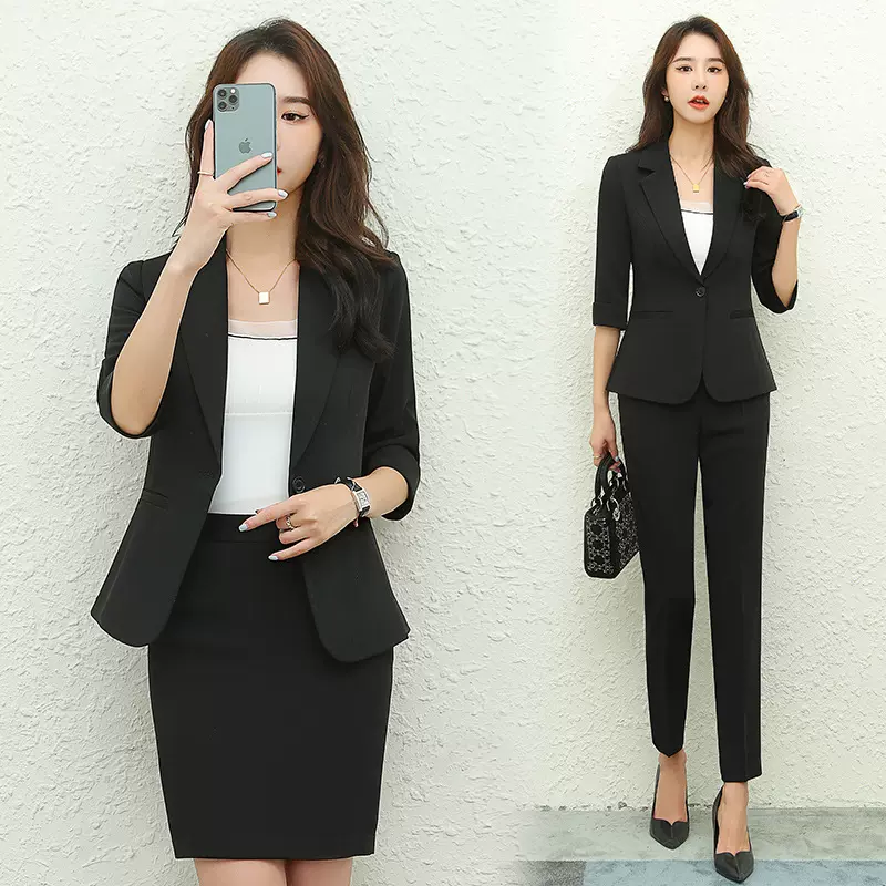 黑色薄款职业西装外套女工作服套装女七分袖西服上衣通勤通勤风