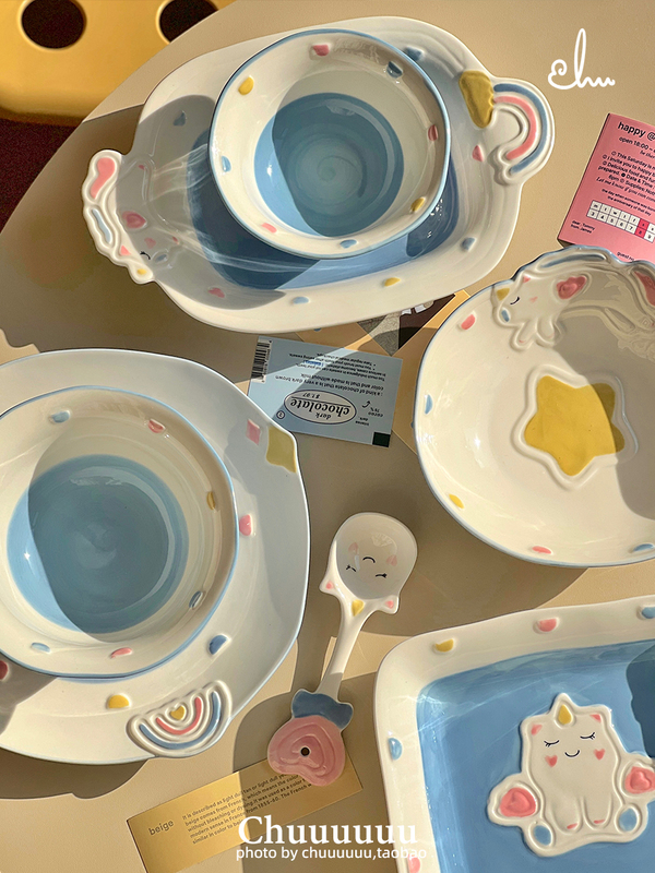 Unicorn Hand-Painted Tableware Set, Cute Plate, Home Eating Bowl, High-Looking Soup Bowl, Cartoon Kidsren's Breakfast Bowl