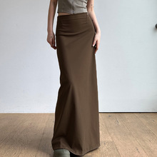 美式复古棕色针织一片式开衩半身裙2023新款高腰包臀修身显瘦长裙
