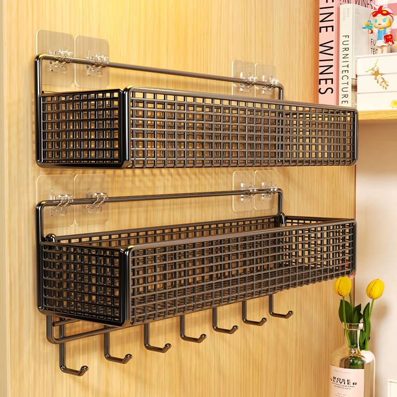 No‑drill wall storage rack, bedside hanging basket with hooks, hookless and hook models, multiple sizes