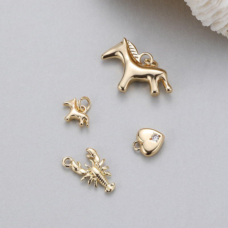 New Style Copper-Plated 14K Gold Color-Preserving Smooth Cartoon Horse and Lobster Pendant DIY Handmade Jewelry Bracelet Necklace Accessory Materials