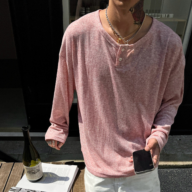 Japanese Style Retro Pleated Texture Henley Collar Long-Sleeved T-Shirt Men's Spring and Autum Inner Cleanfit Youth Top