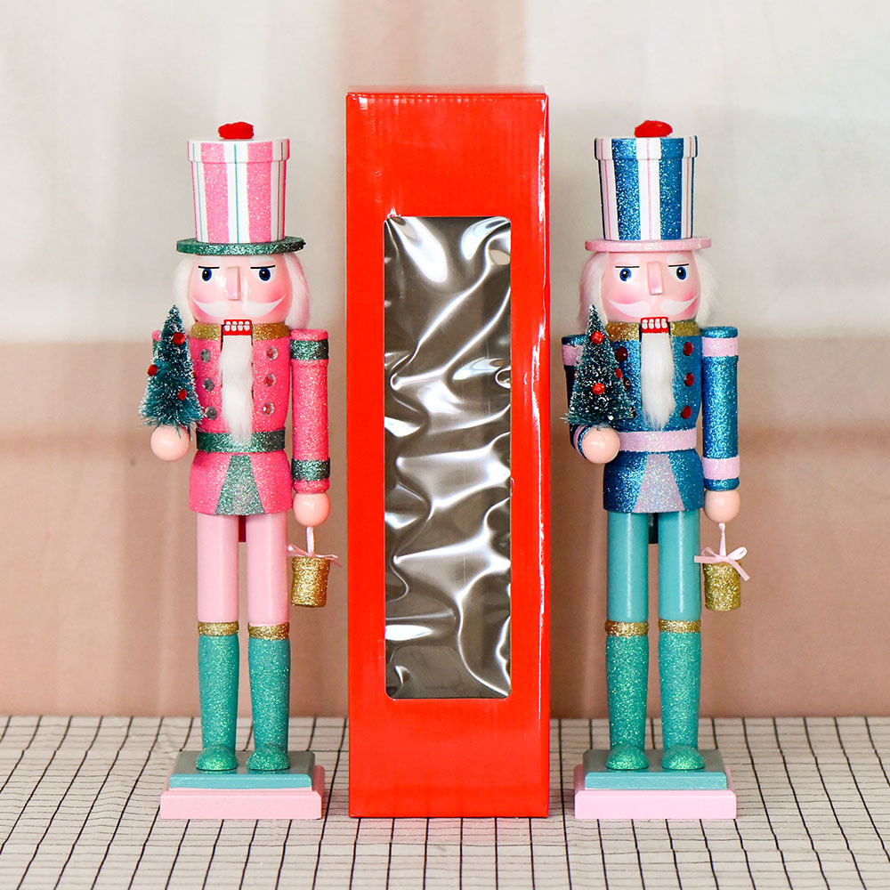 38cm hombre de madera de nuez 15in nuez soldado rosa brillante árbol de Navidad rayas caja de regalo ornamentos artesanías