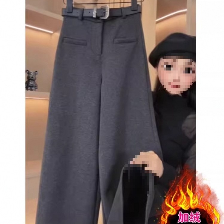 毛呢阔腿裤女春秋季宽松显瘦一字兜窄版直筒裤加绒休闲西装裤女冬