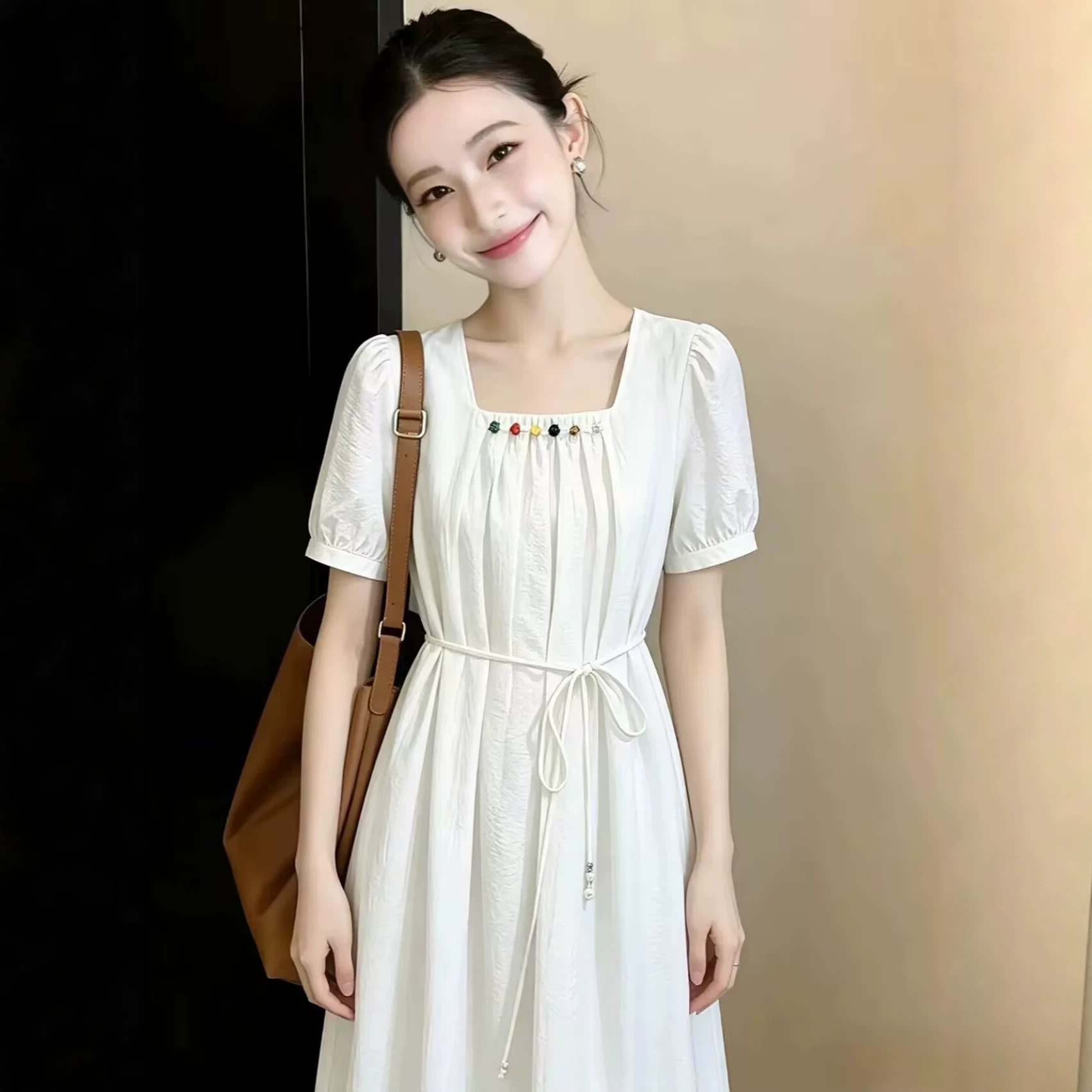 Váy suông cổ vuông tay bồng ngắn kiểu Pháp — xanh lam chi tiết 1