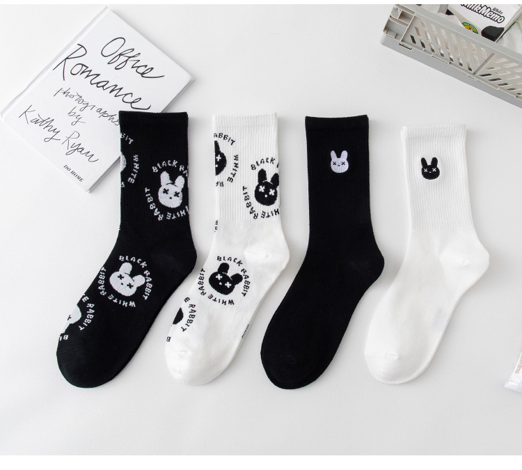 Socks Female Black And White Series Cute Bunny Tube Socks Cute Cotton Cartoon Socks display picture 1