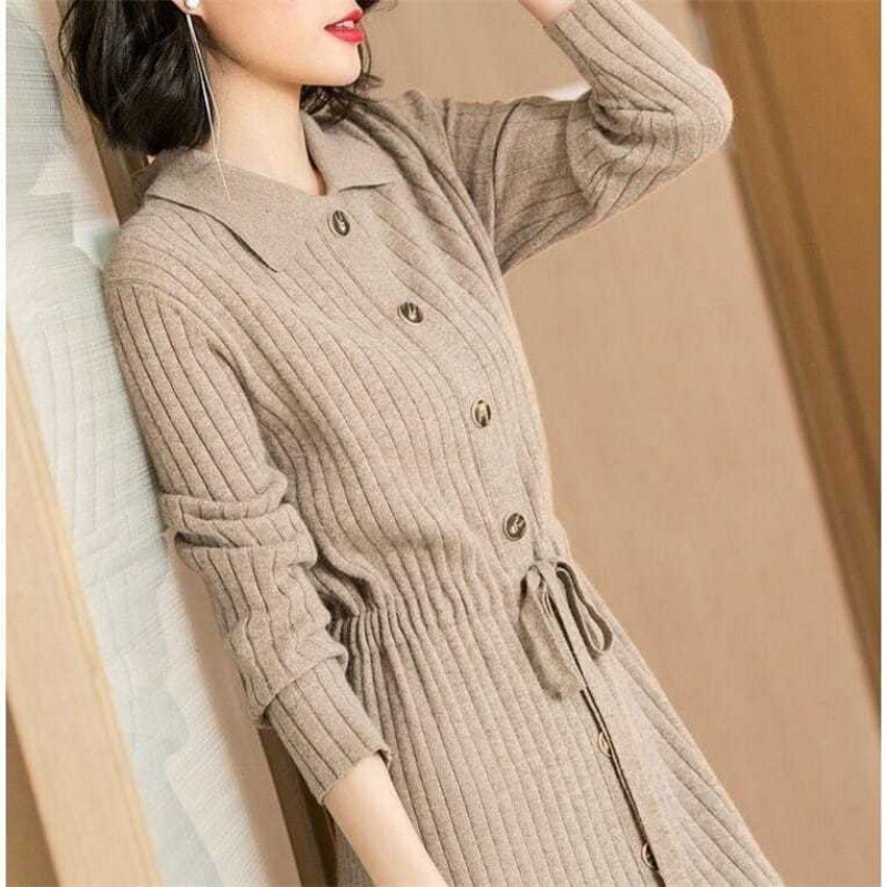 2025 Spring and Autumn Doll Collar Waist Tie Mid-Length Women's Solid Color Striped Loose Knitted Dress 2025 Spring and Autumn Doll Collar Waist Tie Mid-Length Women's Solid Color Striped Loose Knitted Dress