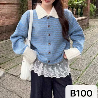 韩系复古撞色条纹翻领毛衣外套秋冬季设计感宽松上衣女装针织开衫